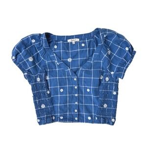 Madewell Embroidered Puff-Sleeve Crop Top in Windowpane Blue White Smocked Sz 0